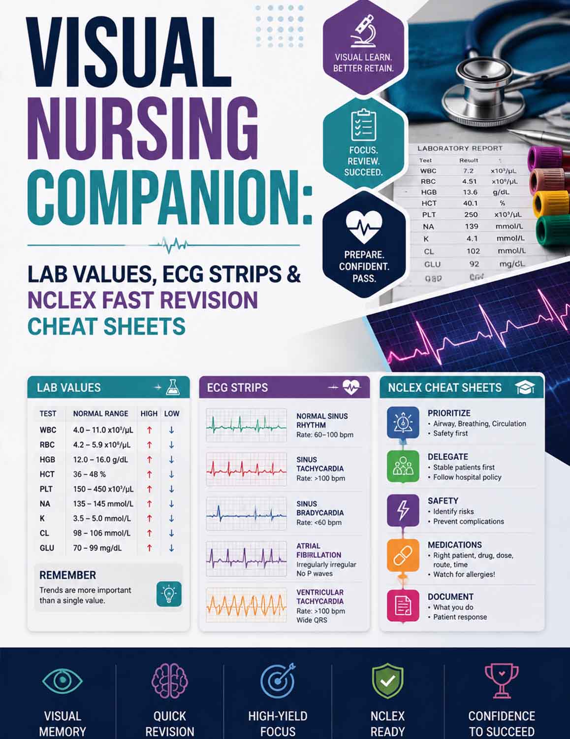 Visual Nursing Companion: Lab Values, ECG Strips & NCLEX Fast Revision Cheat Sheets